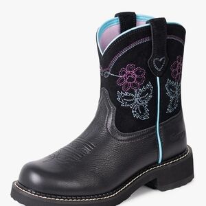 Black Floral Embroidered Cowboy Boots Women Round Toe Ankle Western Cowgirl Boot